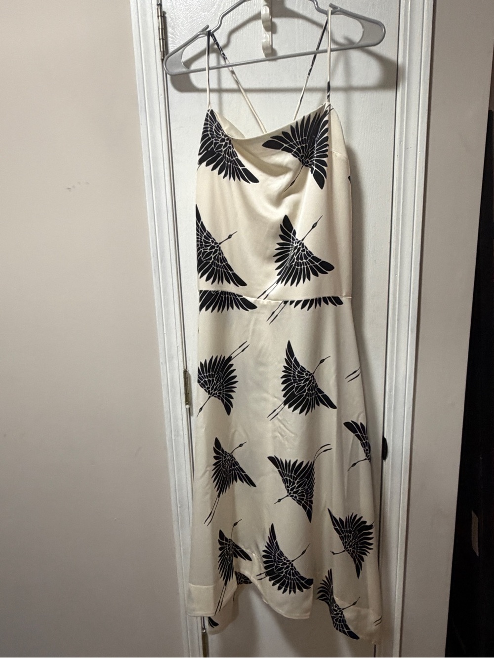 Worthington Cream Slip Midi Dress with Black Crane Print